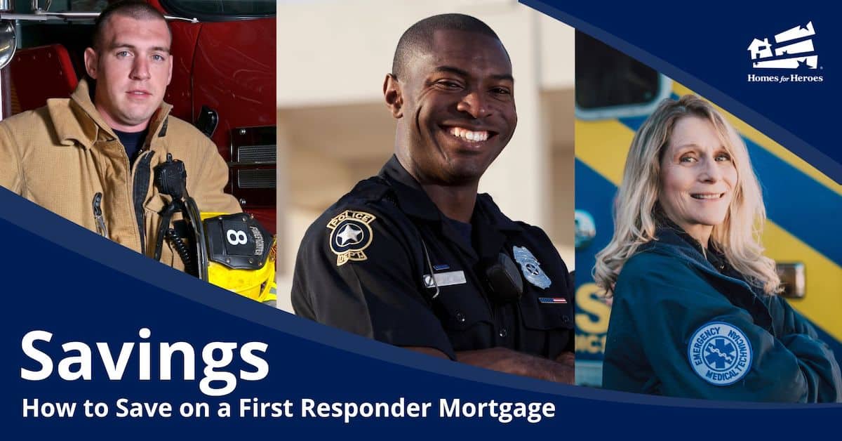 male firefighter male police officer female emt paramedic standing smiling saving on first responder home loans mortgage Homes for Heroes