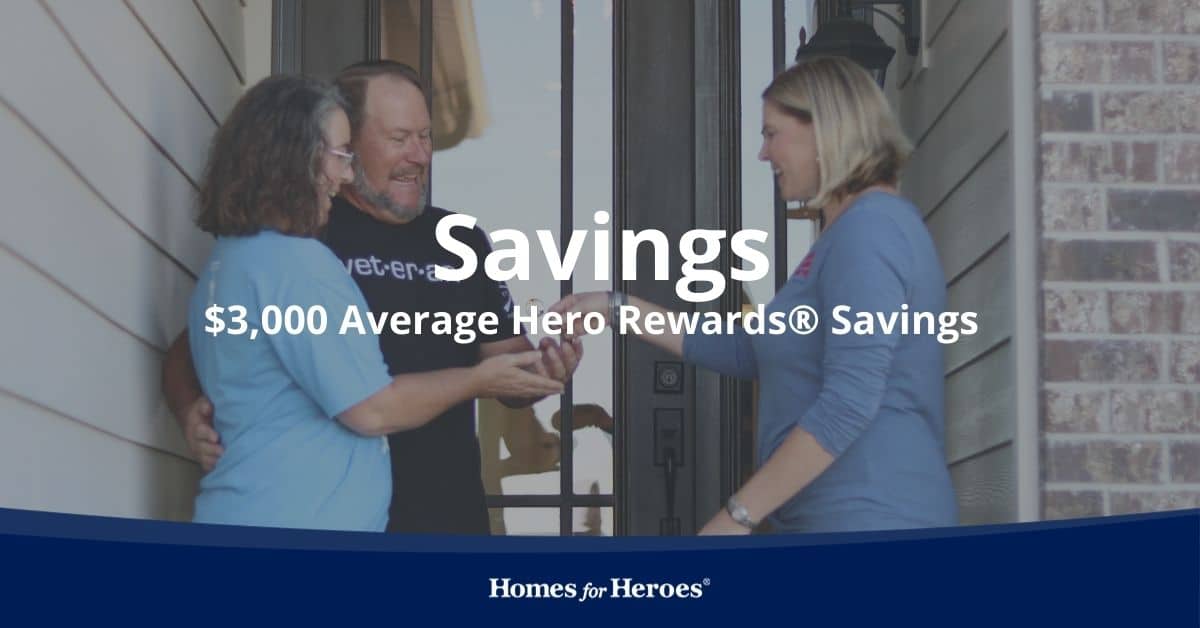 local real estate specialist shows smiling veteran what is homes for heroes while presenting savings and keys to new home on front steps