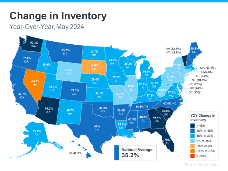 US state map displays change in home inventory YOY May 2024 with national average Realtor.com Keeping Current Matters June 2024