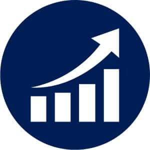 bar graph trendline shows growth navy white icon