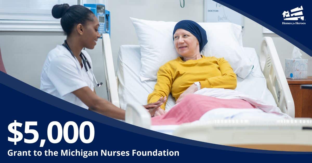 nurse sitting bedside with patient grant to Michigan Nurses Foundation Homes for Heroes Foundation grant
