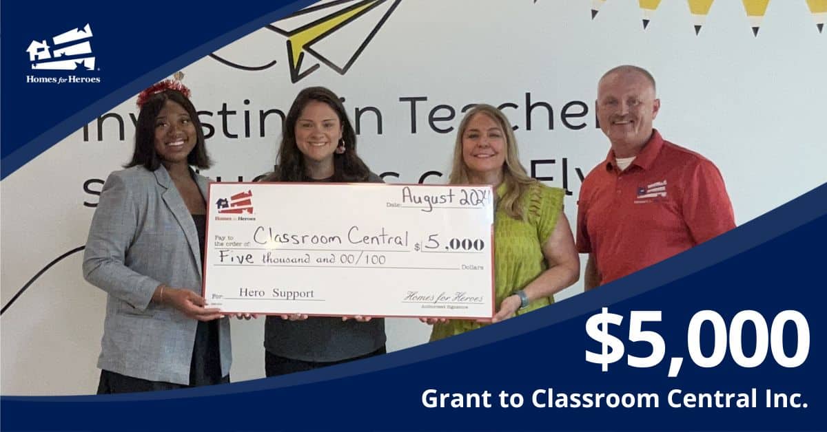 Classroom Central in NC receives 5000 grant from Homes for Heroes Foundation features Jorden Emily Dawn Jay holding big check in store