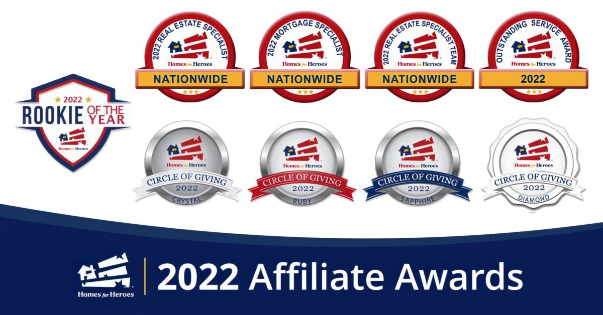 2022 Homes for Heroes Affiliate Awards Rookie of the Year real estate specialist mortgage specialist real estate specialist team outstanding service 4 circle of giving badges2