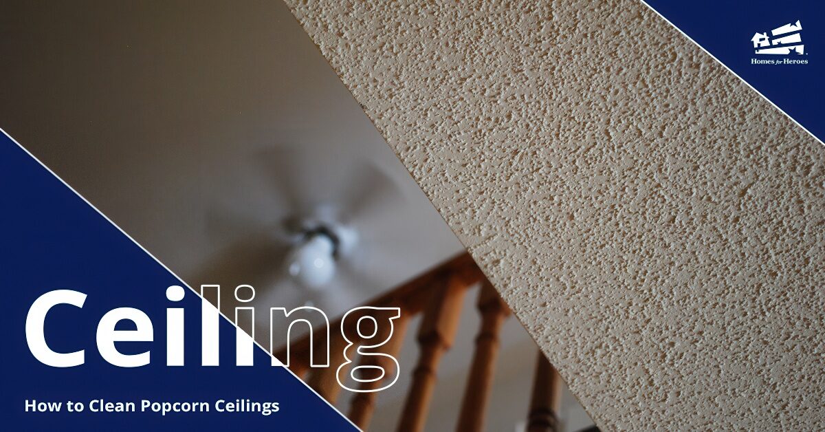 View looking up at a popcorn ceiling on one level and a lofted second level on the left half of the image