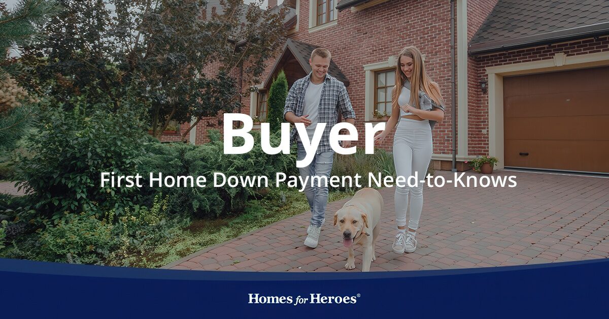 Couple walking dog in front of brick house and talking about first home down payment needs