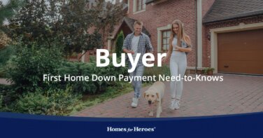 Couple walking dog in front of brick house and talking about first home down payment needs