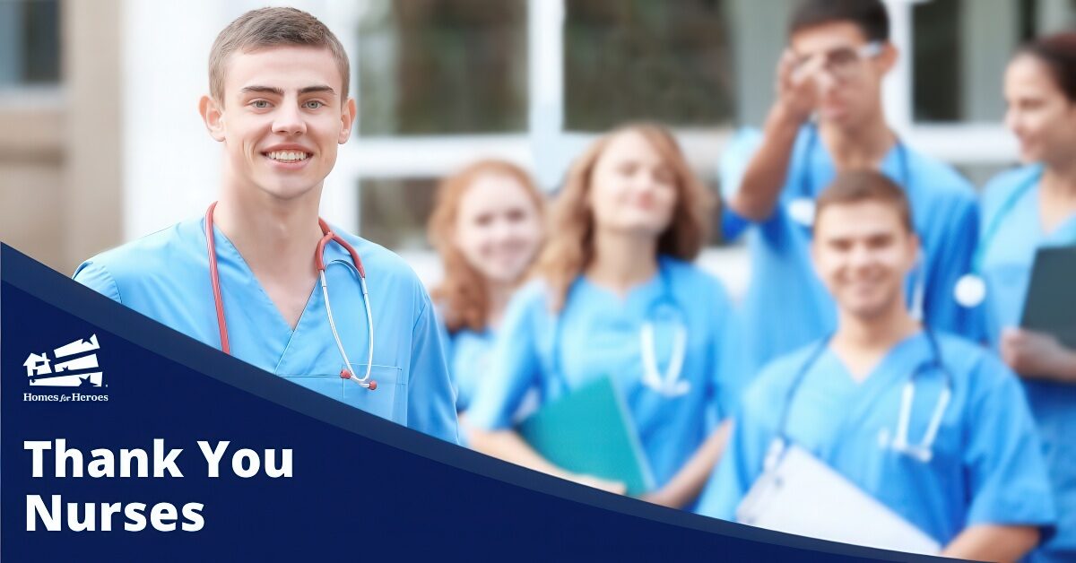 Nurse group wearing scrubs stethoscope around necks holding clipboards thank you nurses nurse appreciation Homes for Heroes