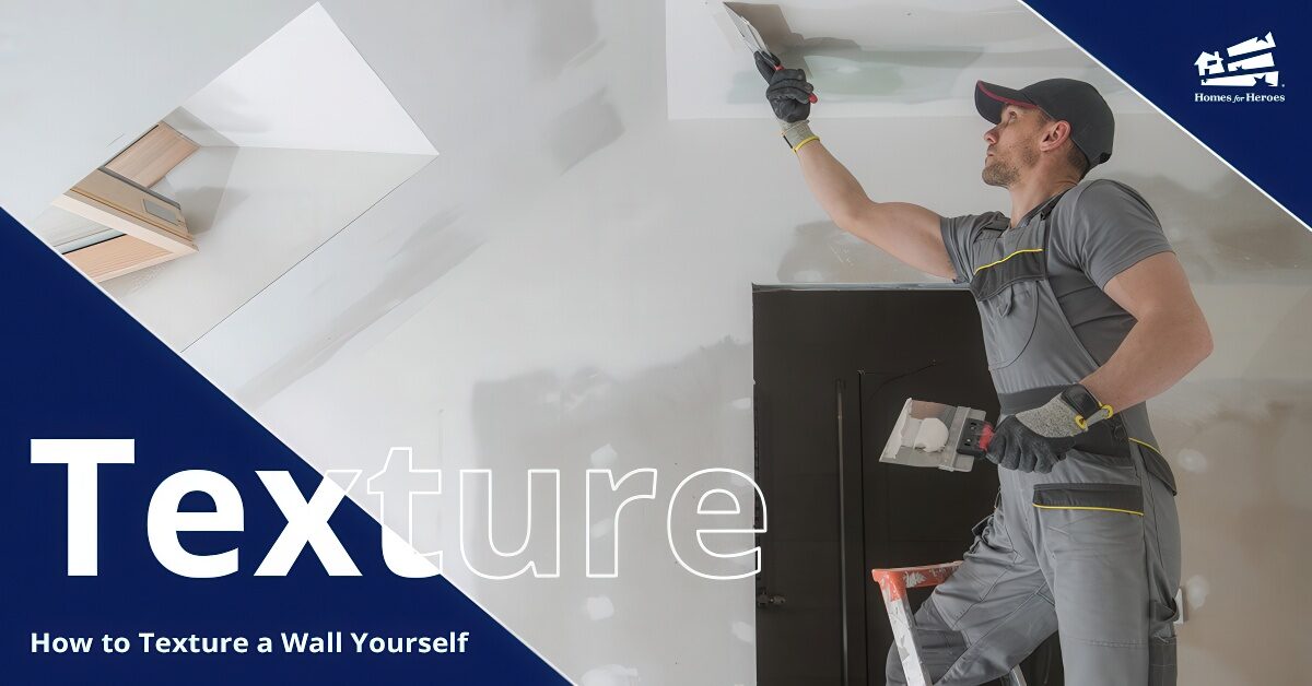 A man on a ladder is applying texturing process to his walls and ceiling