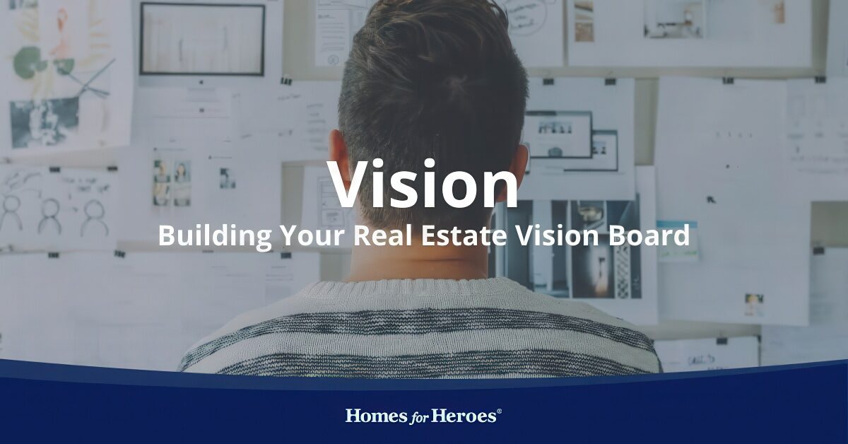 agent standing in front of board full of ideas to use for real estate vision board Homes for Heroes