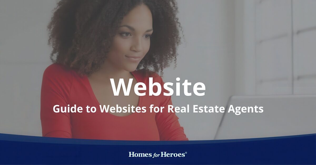 female realtor smirking reviewing websites for real estate agents on laptop in office Homes for Heroes