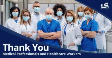 medical professional group in scrubs white jackets masks thank you healthcare workers Homes for Heroes