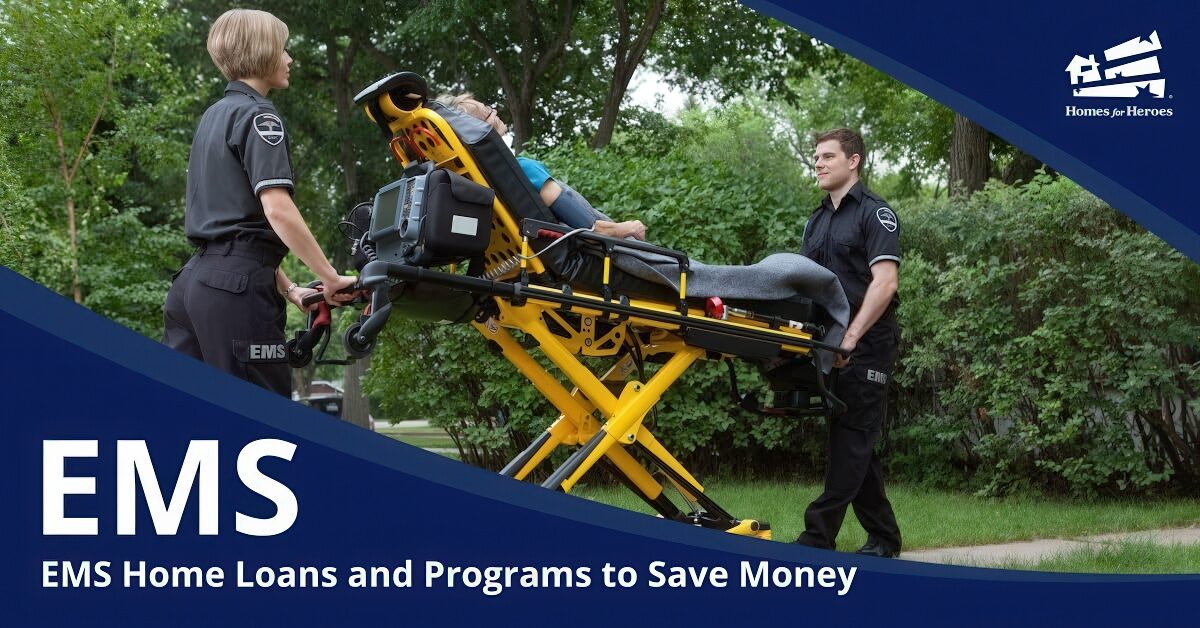 two ems transport stretcher with patient discussing ems home loans mortgages for emts paramedics Homes for Heroes