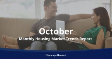 young couple sitting on couch together with lap sipping coffee in house discussing the news and current housing market trends and whether to buy and sell right now Homes for Heroes