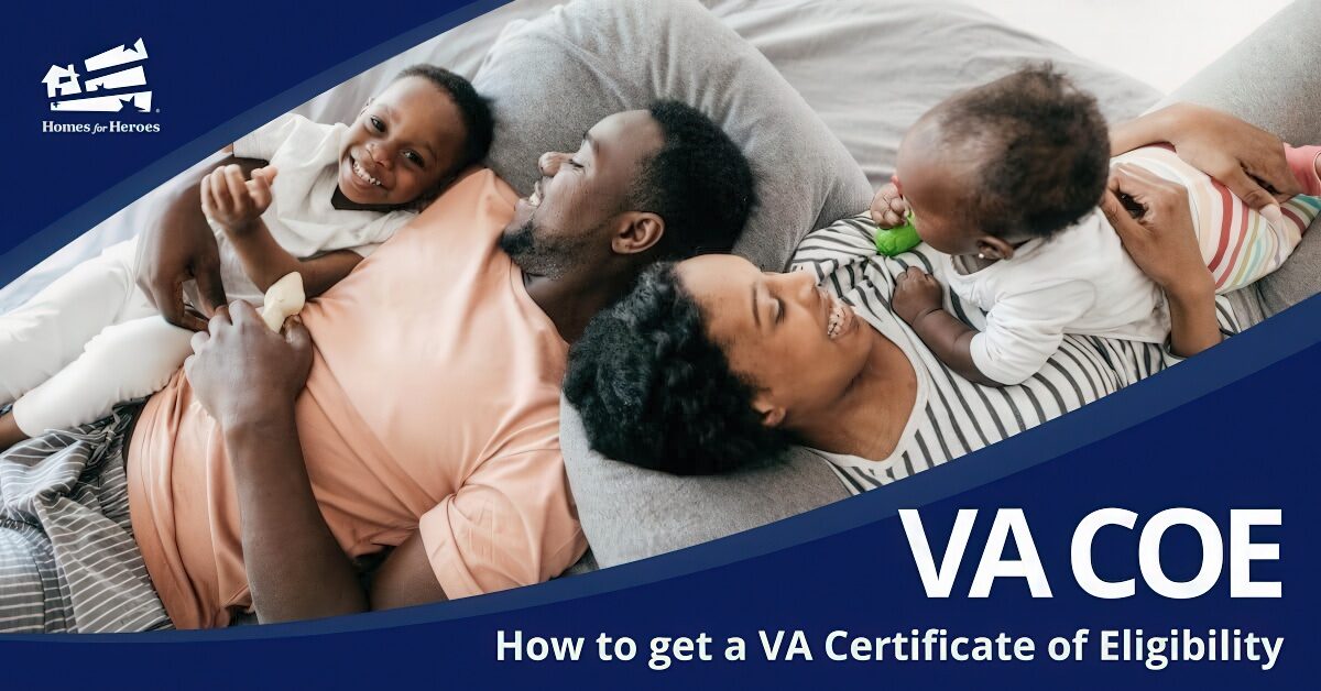 young family parents two kids laying together on couch smiling laughing adults confirmed va certificate of eligibility Homes for Heroes