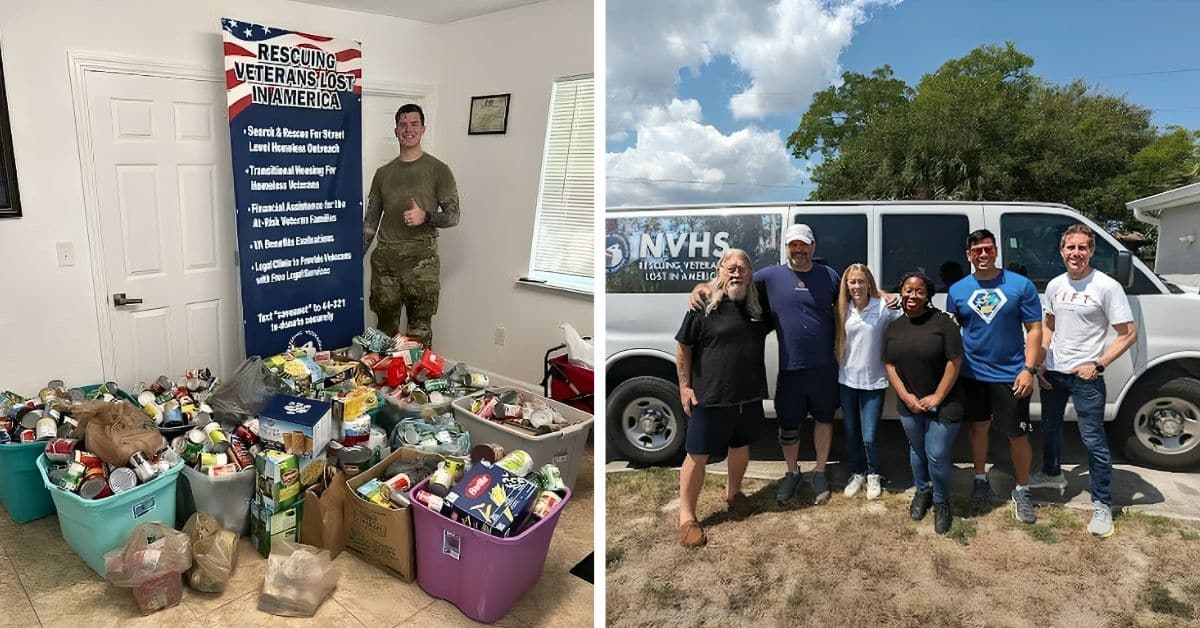 national veterans homeless support volunteers with donations in front of white van