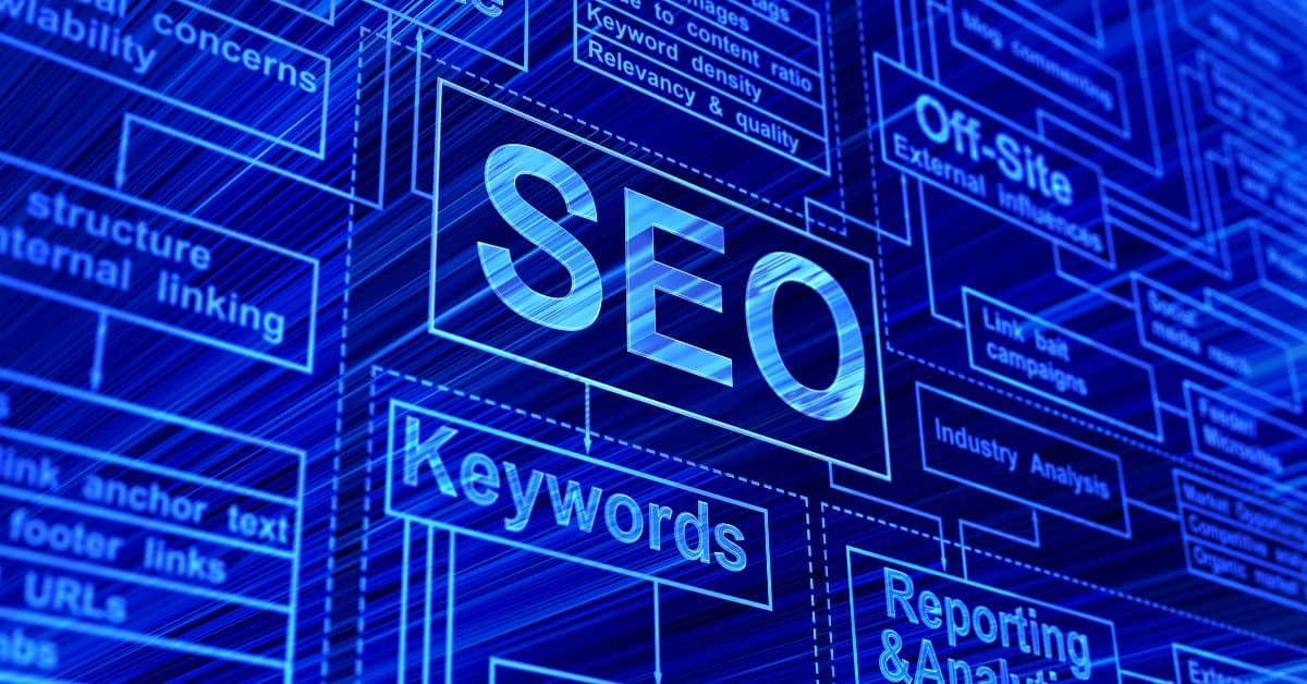 blue digital mapping image highlighting seo as hub for optimization tactics