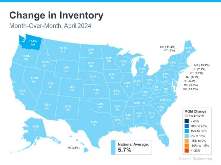 change in home inventory month over month April 2024 by state national avg source Realtor.com Keeping Current Matters